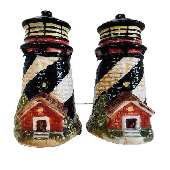 CKAO Lighthouse Salt & Pepper Shaker Set Ceramic 1960s Black/White/Red VTG - Picture 1 of 8